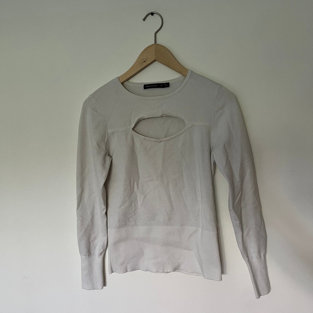 Karen Millen White Long Sleeve Chest Cutout Knit Top Sweater womens Size M